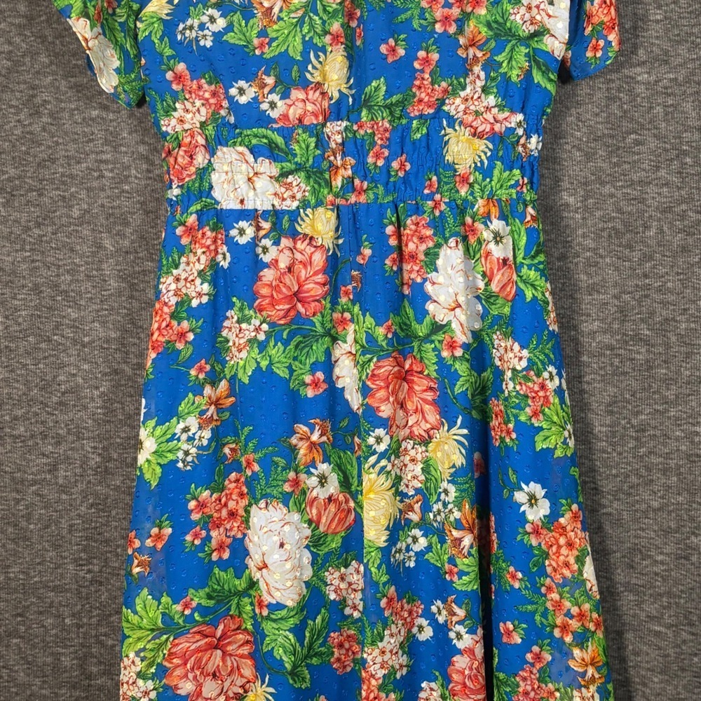 Kensie Blue Floral Swiss Dot Smocked Waist High Low Midi Dress Size 8 - Picture 7 of 9